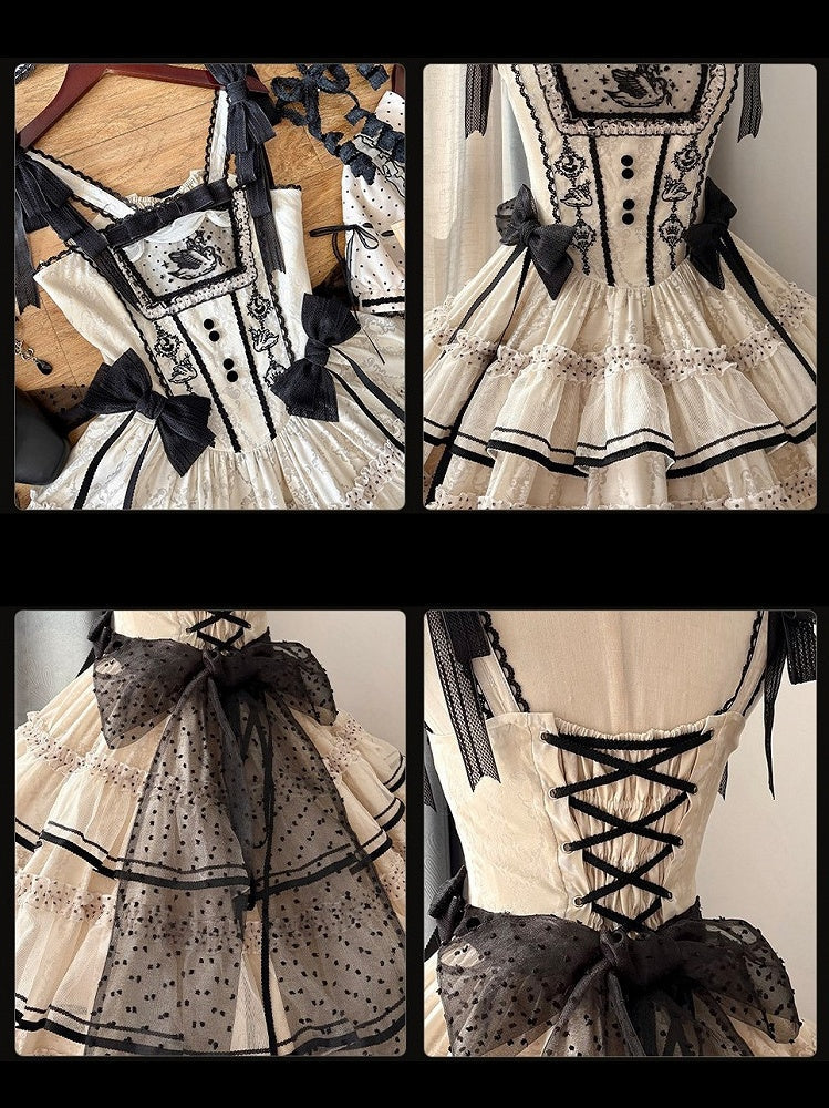 Beige and Black Swan-Embroidered Ruffled Classic Lolita JSK - image 8
