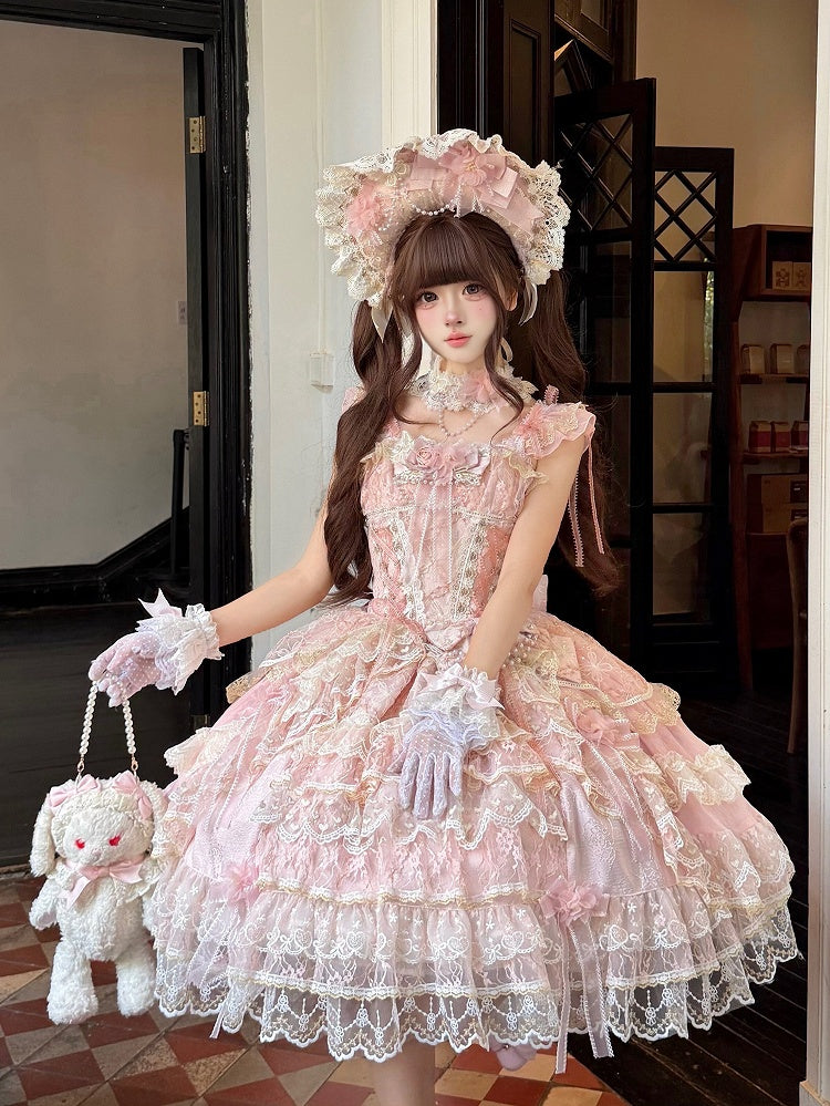 Pink Layered High-Low Lolita JSK Dress with Floral Bow Accents - image 2