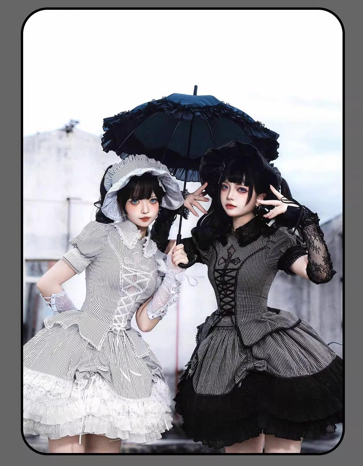 Striped Cross - Gothic Coordinated Lolita Set, Adjustable Blouse & Skirt - image 1