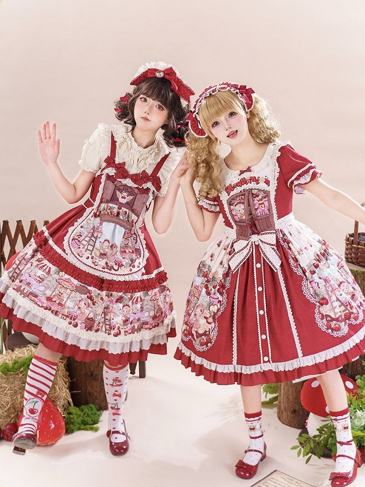 Red Fruit-Print Sweet Lolita JSK with Lace Trim - image 4