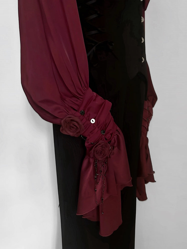 Crimson Poet Shirt with Floral Pins and Chain Accents - Shi Zhi Mao - image 6