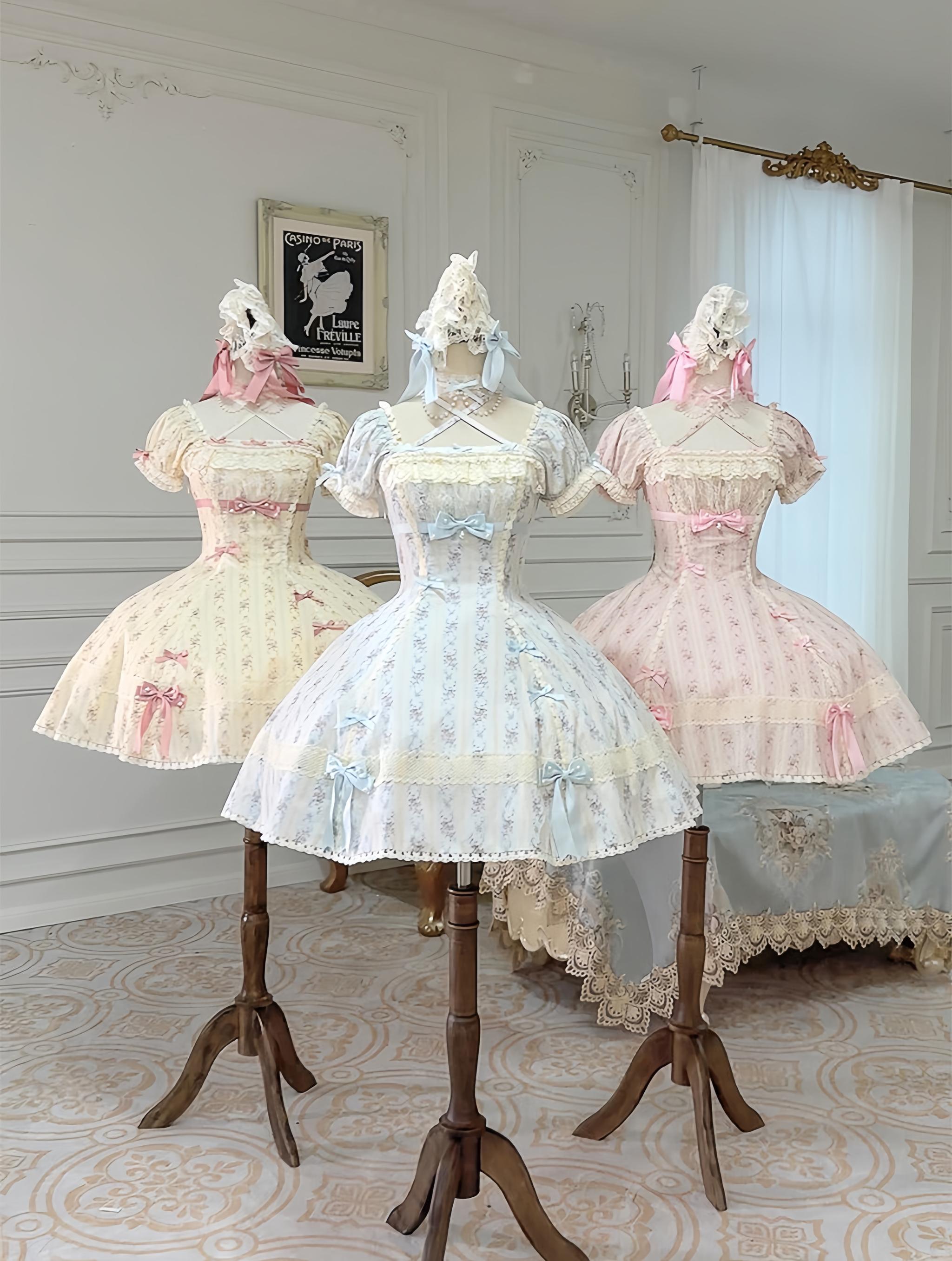 Garden Encounter of Three Springs - Cotton Old School Lolita Floral Print OP, Lace Back Opening and Accessories - image 1