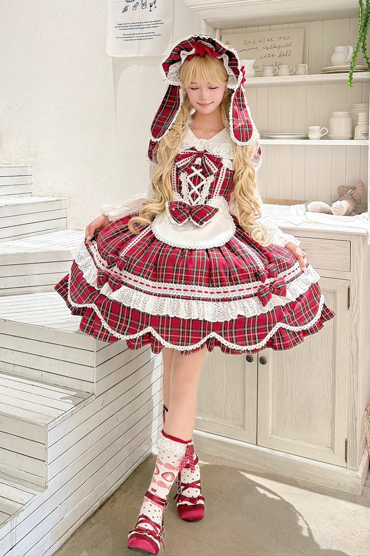 Gingham Petal Bunny - Short Sleeves Printed Ruffled Bow Sweet Lolita OP Dress - image 4