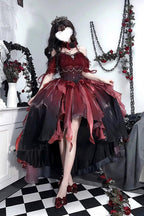 Red and Black Bowknot Irregular Gothic Princess Lolita JSK Dress - image 3