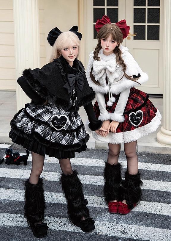 Snow Night Serenade - Fluffy Plaid Kawaii Lolita JSK, Reversible Cape and Accessories - image 4