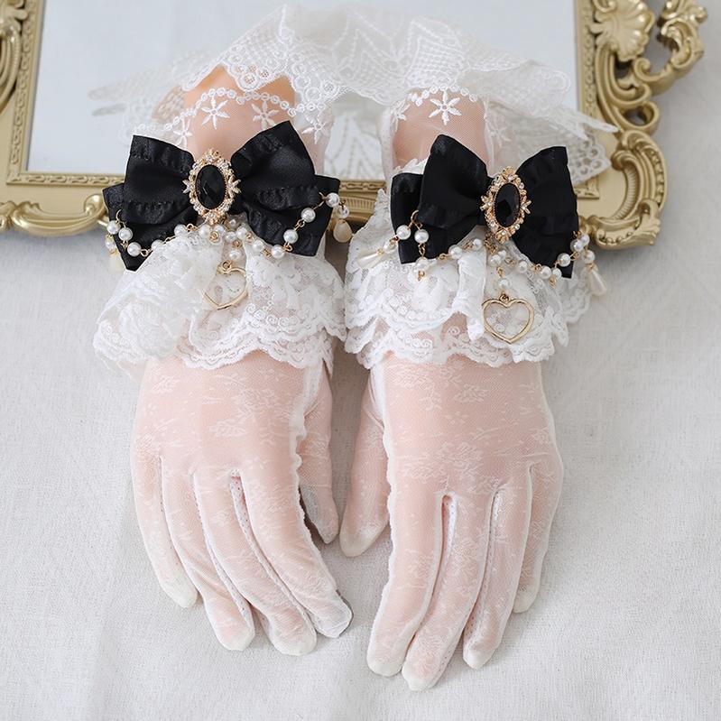 Vintage Lolita Lace Gloves with Bow and Bead Chain - image 9