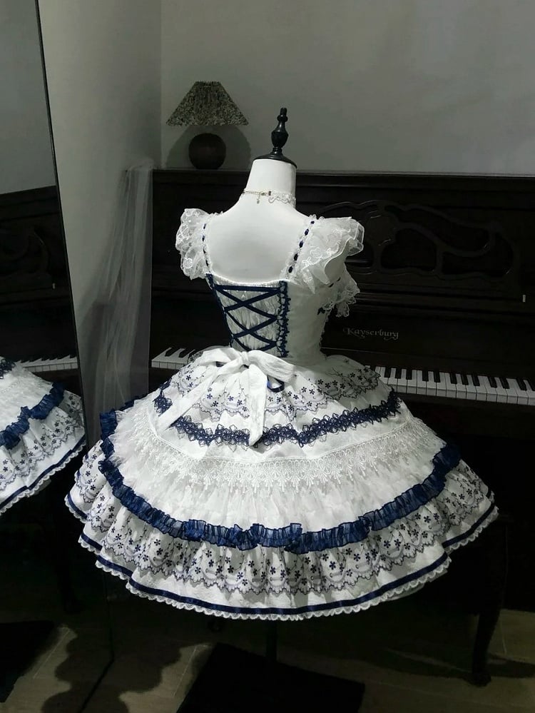 Blue and White Porcelain Corset Waist Lolita JSK Dress with Tassel Bows - image 2
