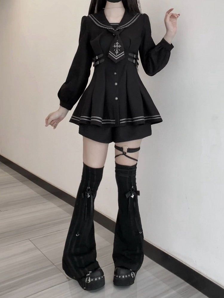 Black Sailor-Collar Jirai Kei Dress, Shorts and Tie Set - image 13