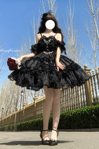 Spring Cherry Snowfall - Off Shoulder Short Sleeves Multi-Layered Ruffled Bow Gothic Lolita JSK Dress - image 4
