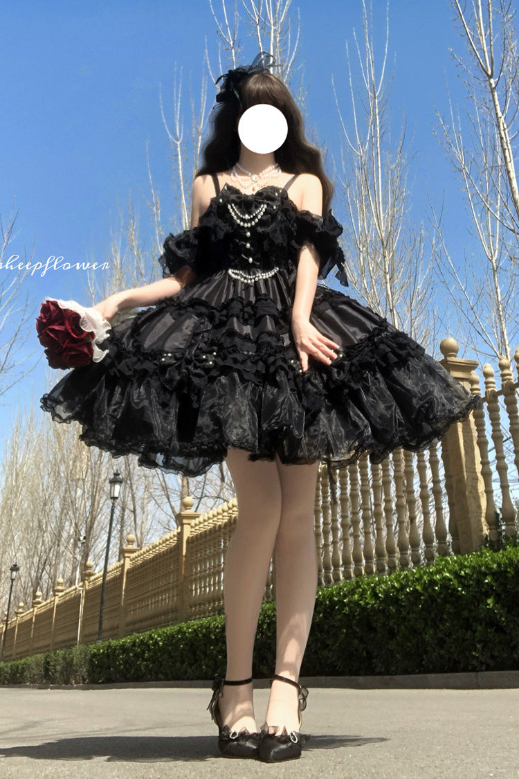 Spring Cherry Snowfall - Off Shoulder Short Sleeves Multi-Layered Ruffled Bow Gothic Lolita JSK Dress - image 4