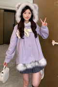 Long Sleeves Plush-Trim Polka Dot Printed Bow Hooded Sweet Lolita Coat - image 1