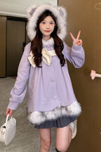 Long Sleeves Plush-Trim Polka Dot Printed Bow Hooded Sweet Lolita Coat - image 1