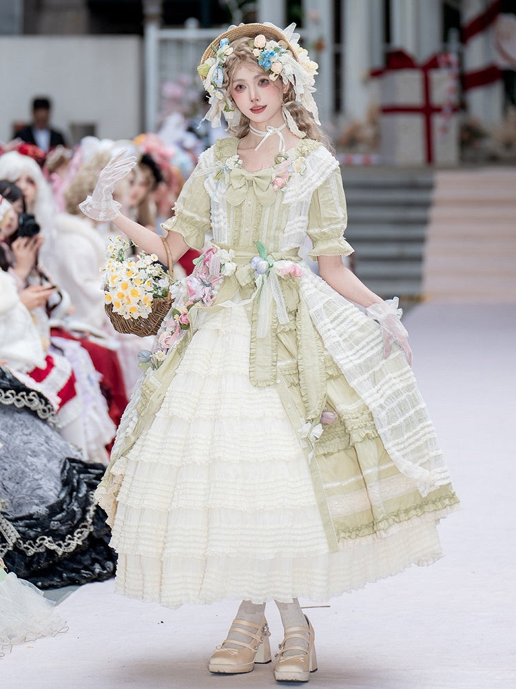 Green Layered-Ruffle Elegant Lolita Dress with Front Button Placket - image 9