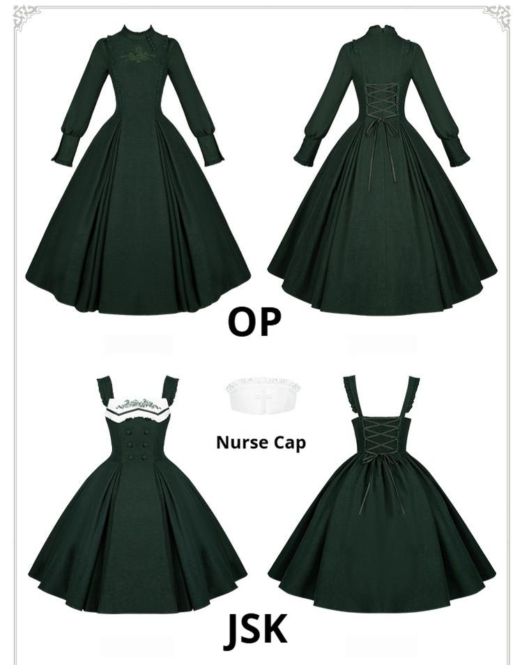 Abyss Clinic - Gothic Lolita Green Dress Set, Embroidery Accent - image 7