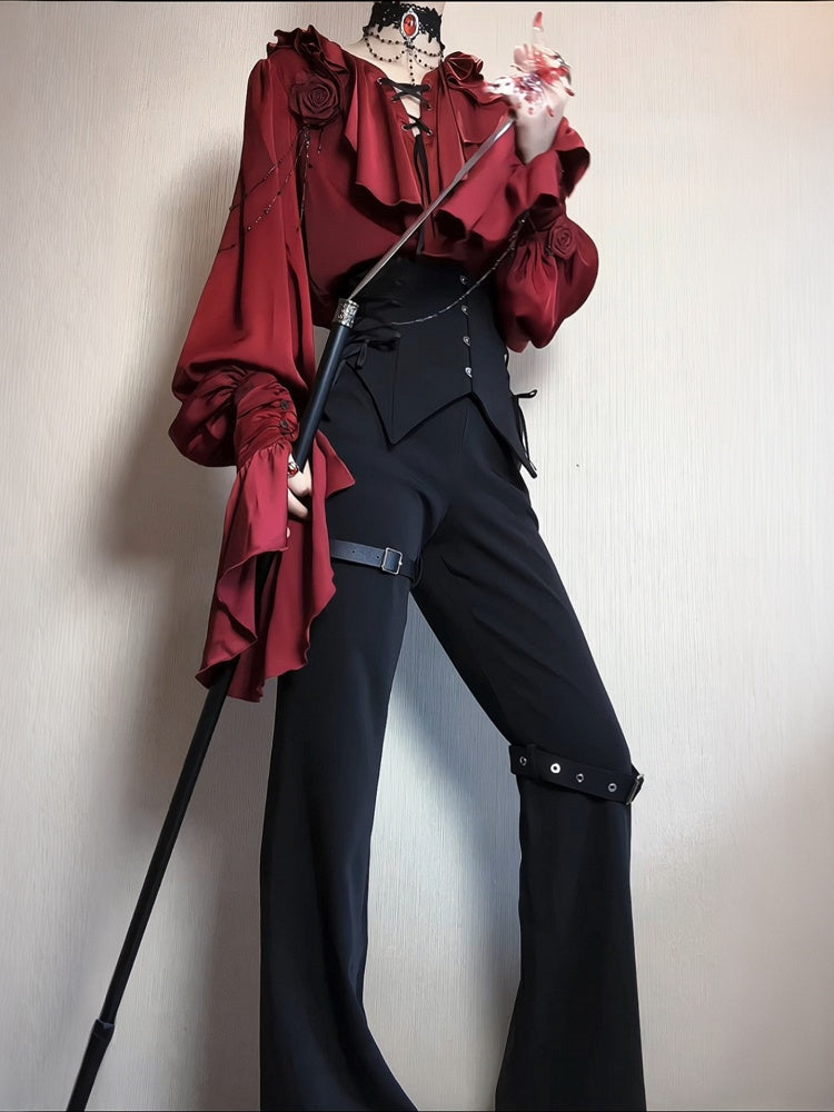 Regal V-Neck Shirt and Corset Pants Set - Shi Zhi Mao - image 8