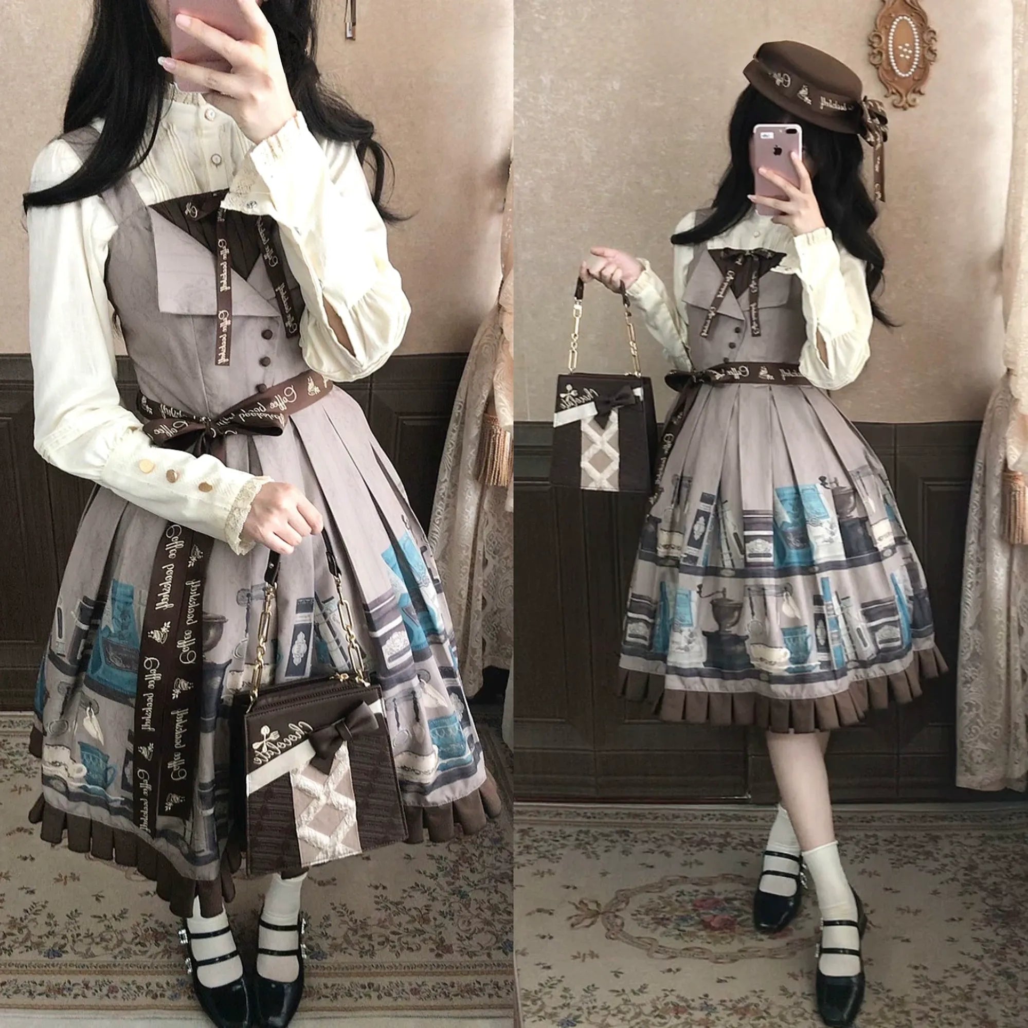 Coffee Bookshelf - Classic Lolita JSK and SK Set, Coffee Cup and Book Print - image 26