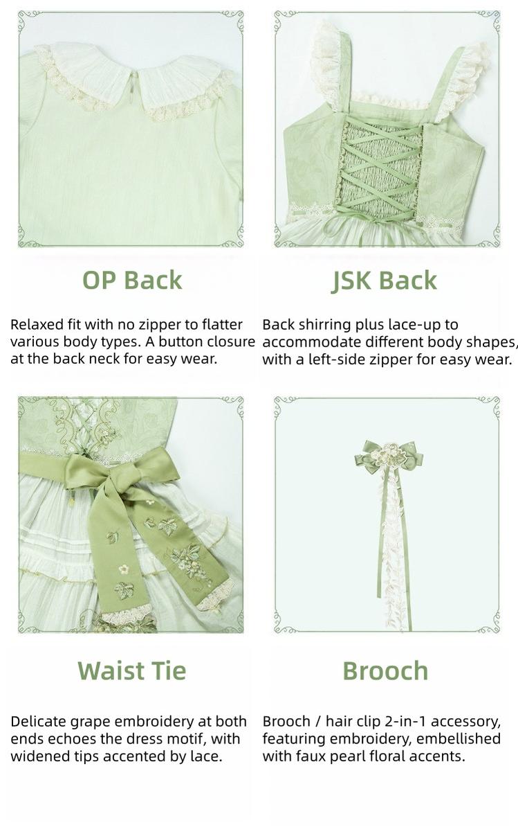 Green Grape - Embroidered Country Lolita OP Dress, Tiered JSK and Accessories - image 8