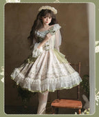 Teacup Bunny - Classic Lolita OP Dress, Fresh Green Floral Print and Accessories - image 3