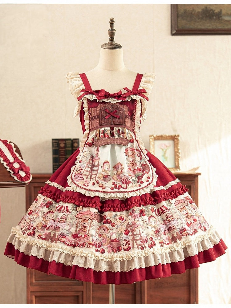 Red Fruit-Print Sweet Lolita JSK with Lace Trim - image 1