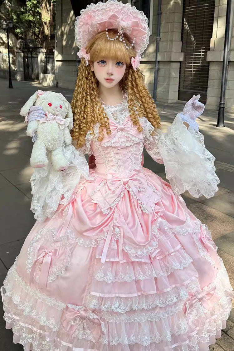 Ode of the Curtain - Multi-Layered Ruffled Bride Open-Front Bow Lace Lace-Up Sweet Long Lolita JSK Dress - image 6