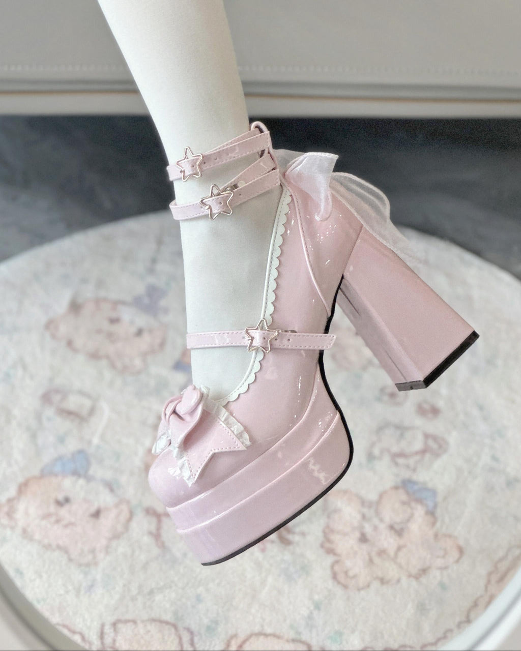 Puff Party - Elegant Lolita Chunky Heel Shoes with Bows and Straps - image 18