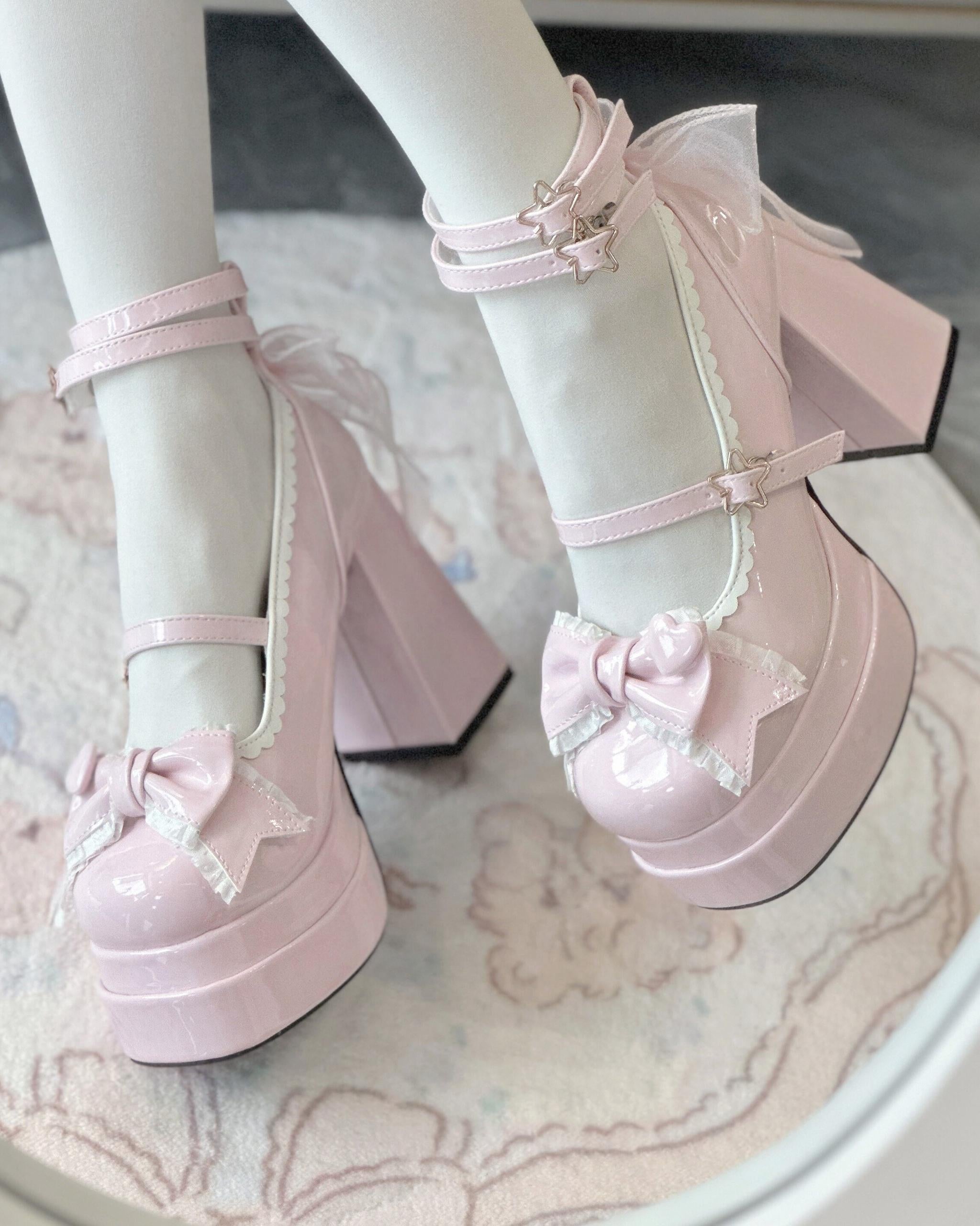 Puff Party - Elegant Lolita Chunky Heel Shoes with Bows and Straps - image 3