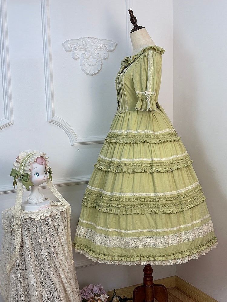 Green Layered-Ruffle Elegant Lolita Dress with Front Button Placket - image 3