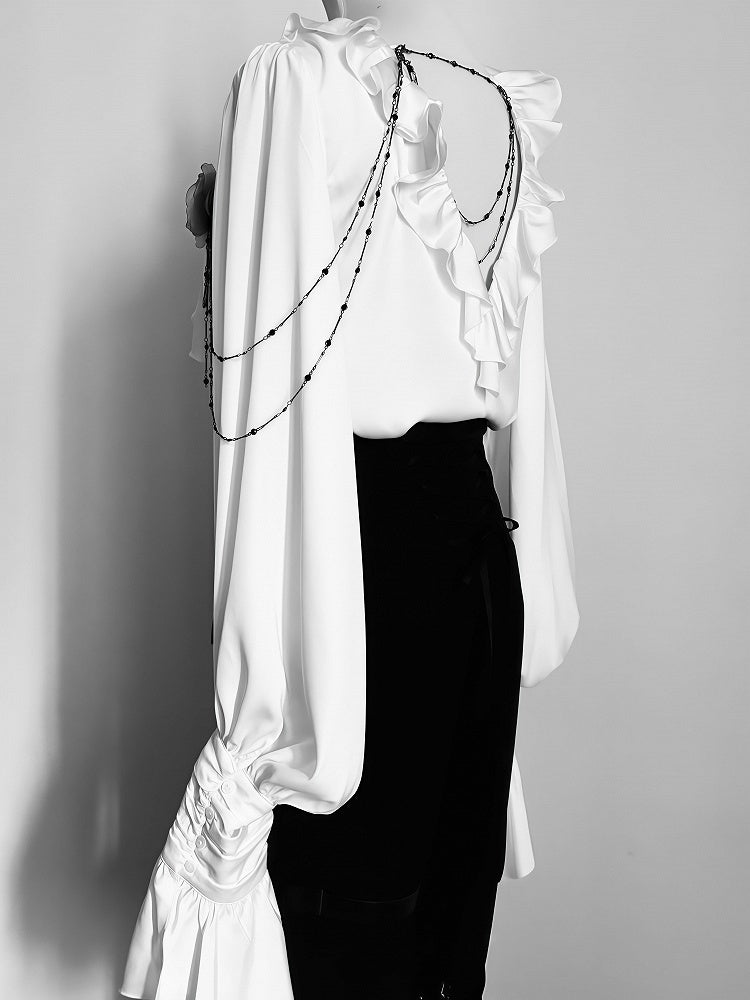 Ivory Cascading Ruffle Shirt with Gray Floral Chains - Shi Zhi Mao - image 2
