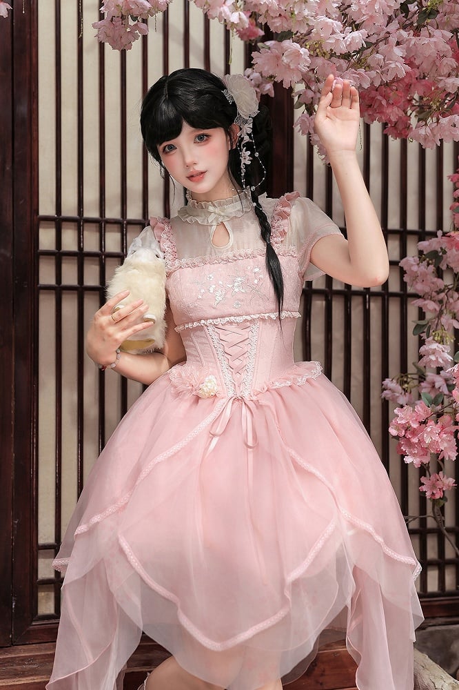 Pink Peach Blossom Chinoiserie Lolita OP Dress and Flower Hairclips Set - image 8
