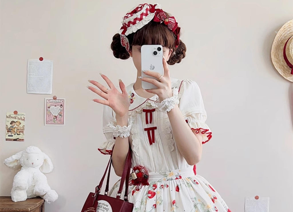 Sweet Lolita Shirt Strawberry Embroidery Ivory Blouse - image 5