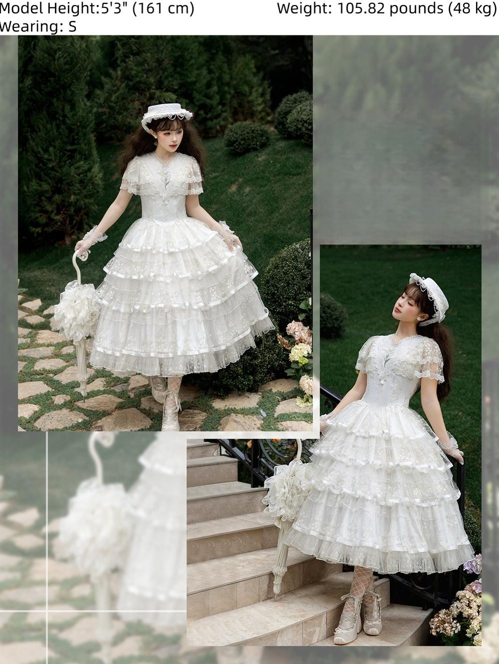 Morning Dew Lily - White Classic Lolita OP Dress, Tiered Skirt - image 8