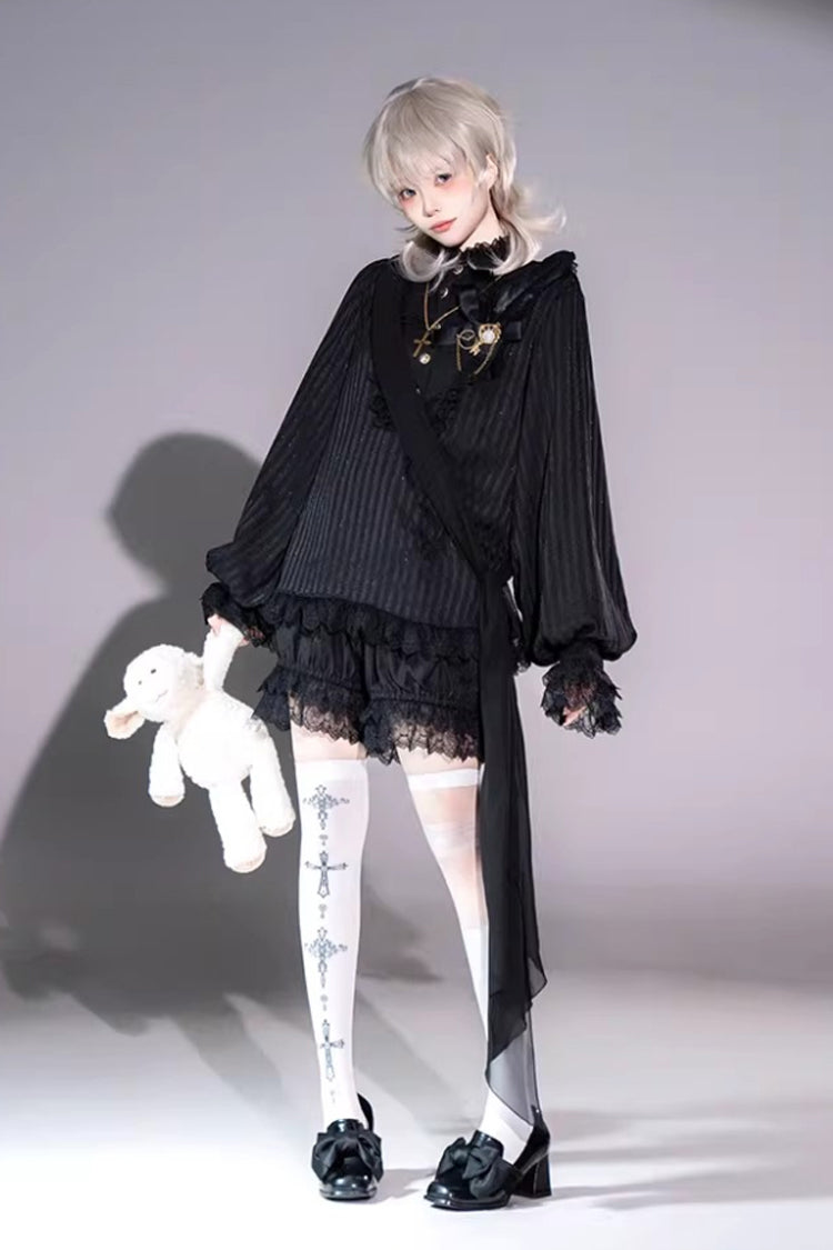 Black Gothic Ouji Lolita Top, Shorts and Scarf Set in 2 Sleeve Versions - image 11