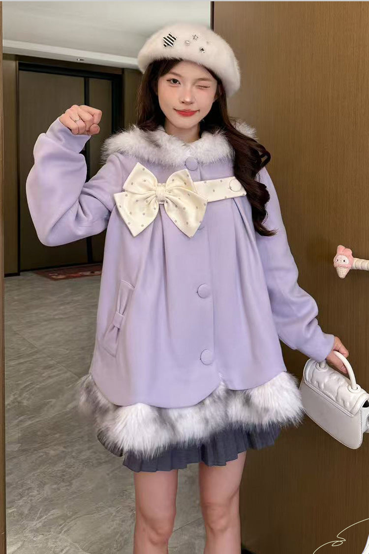 Long Sleeves Plush-Trim Polka Dot Printed Bow Hooded Sweet Lolita Coat - image 6