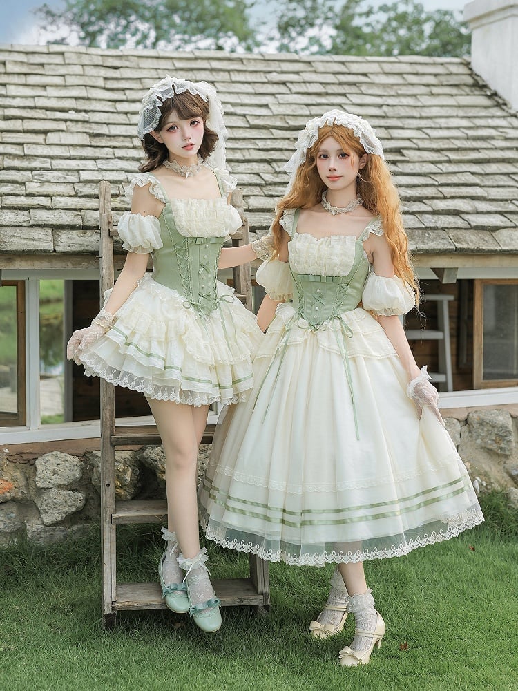 Beige and Green Boned Corset Waist Short JSK Dress Set - image 4