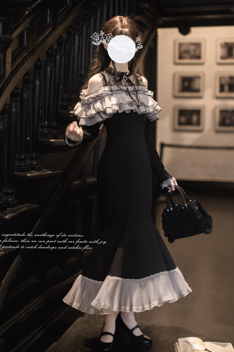 Night Cherry Blossoms Sweet Elegant Lolita Fishtail OP Dress in Black - image 5