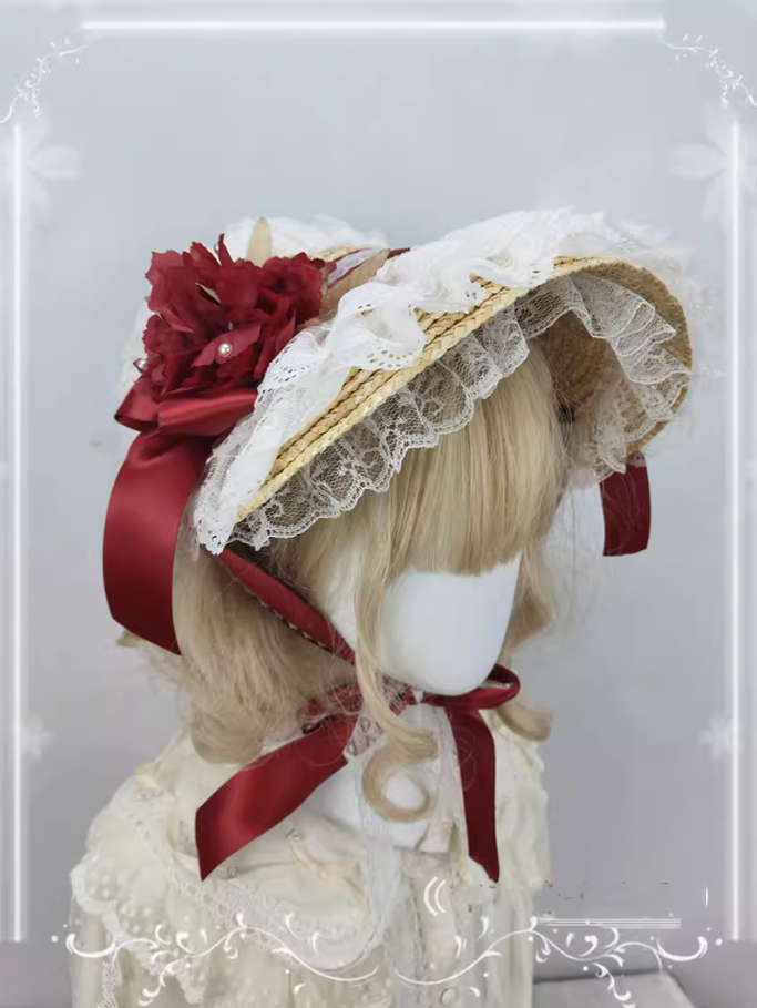 Country Lace Flower Lolita Bonnet, Multicolor - image 5