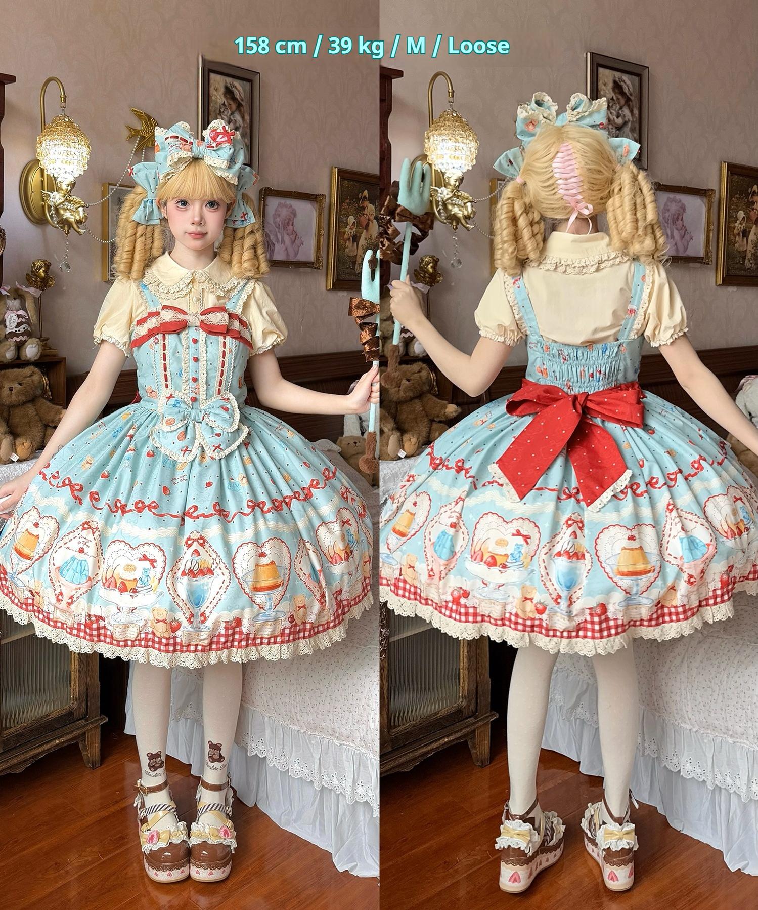 Showa Dessert Showcase - Kawaii Lolita JSK/Salopette Dress Suit, Pudding-Inspired - image 73