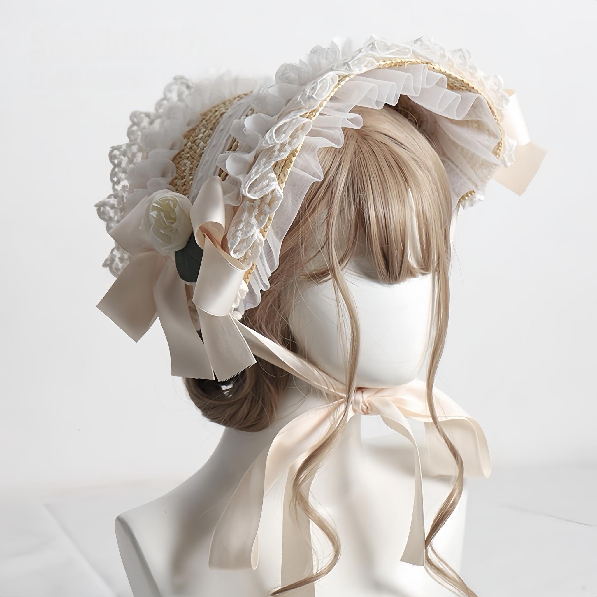 Country Straw BNT Lolita Headpiece with Ruffled Lace - image 8