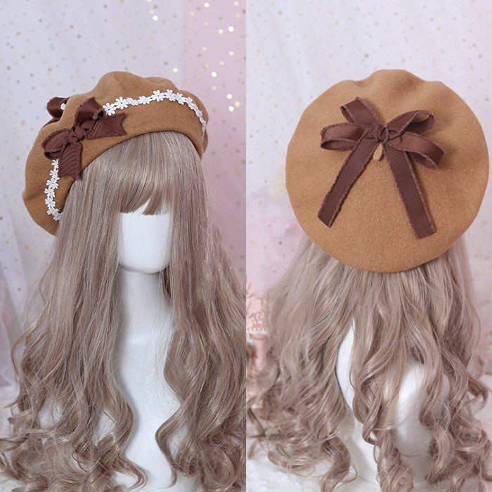 Xiaogui - Sweet and Lovely Daisy Bowknot Woolen Beret - image 5