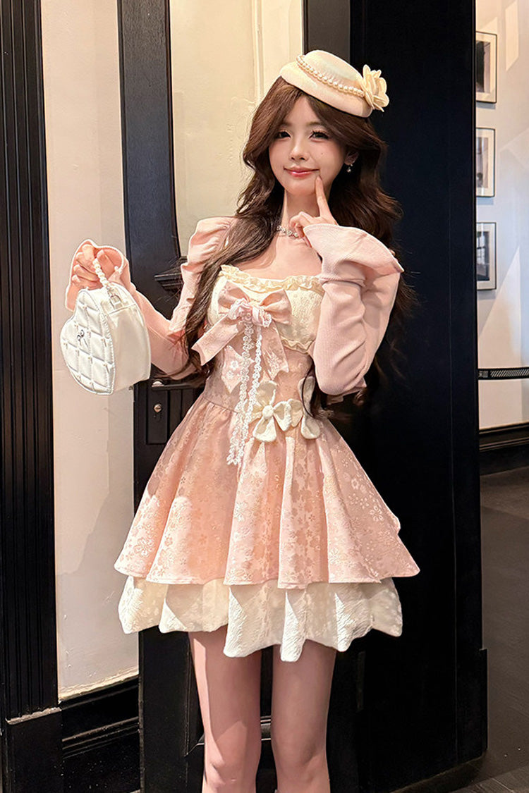 Honeyed Blossoms - Square Collar Long Sleeves Double-Layered Printed Ruffled Bow Sweet Lolita Dress and Cardigan Set - image 3