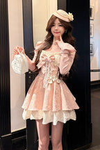 Honeyed Blossoms - Square Collar Long Sleeves Double-Layered Printed Ruffled Bow Sweet Lolita Dress and Cardigan Set - image 3