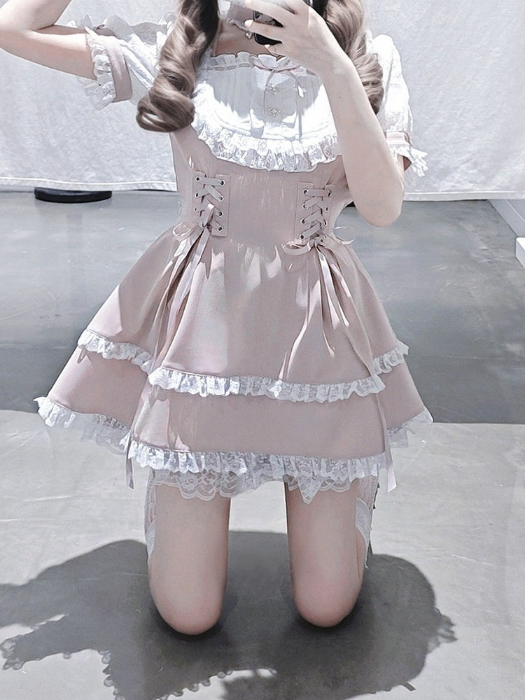 Shirohato Pink and White Ryousangata Dress Choker and Shorts Set - image 5