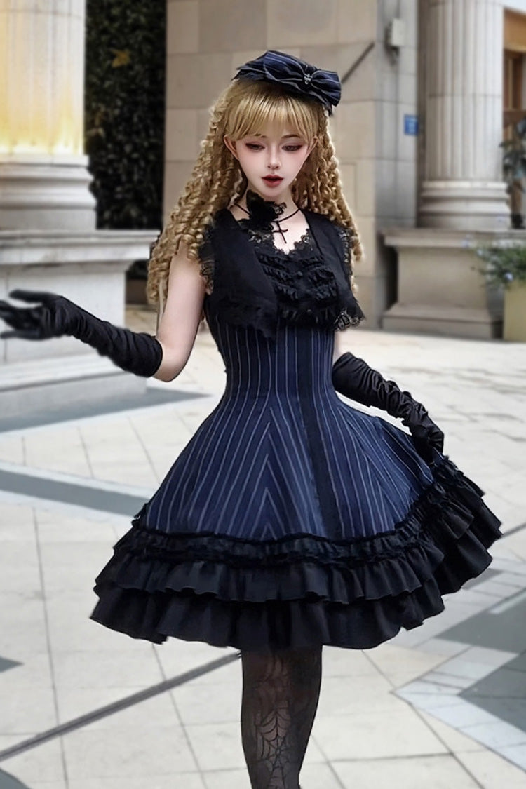 Escape - Double-Layered Jacquard Striped Printed Ruffled Slim Gothic Lolita JSK Dress 3 Colors - image 7