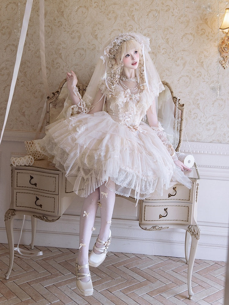 Champagne Illusion Neckline Princess Lolita JSK Dress Full Set - image 13