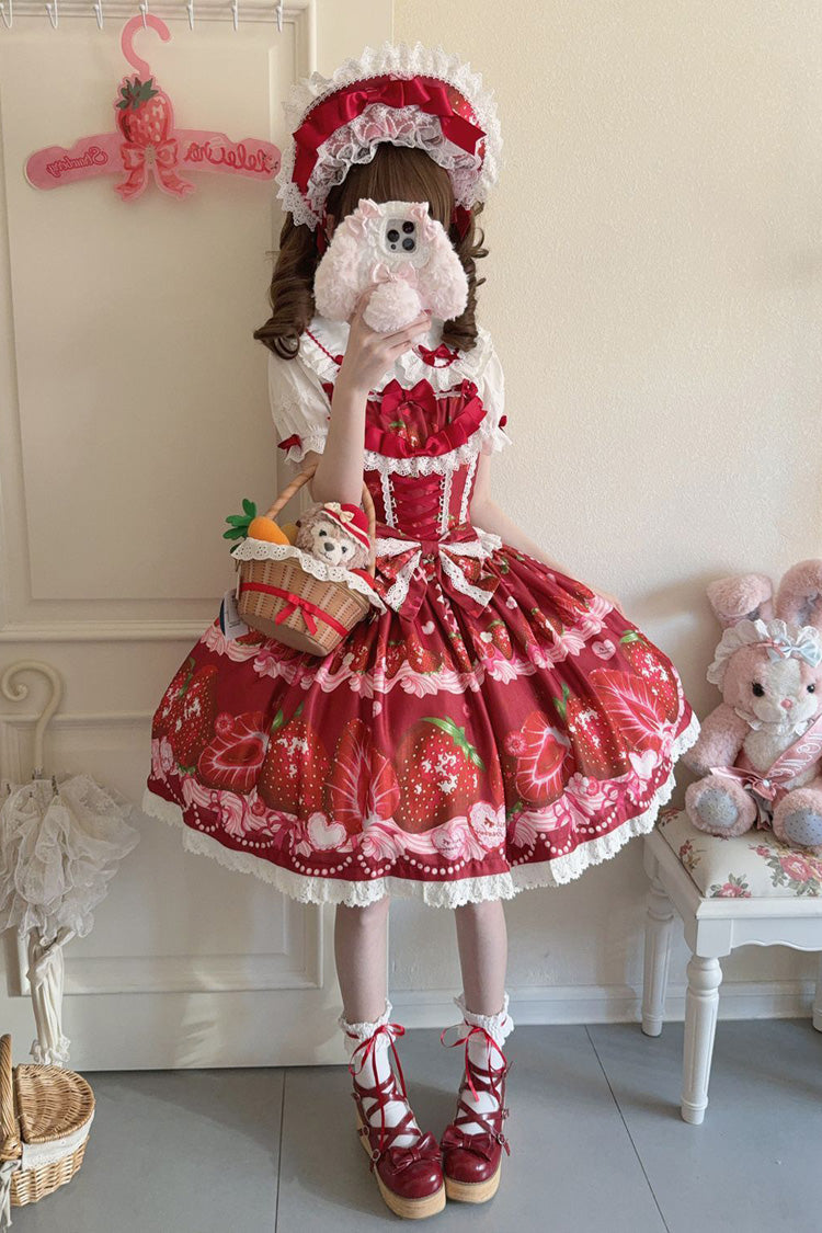 Sweet Berry Tale Strawberry Print Ruffle Bowknot Lace Sweet Lolita JSK Dress - image 19