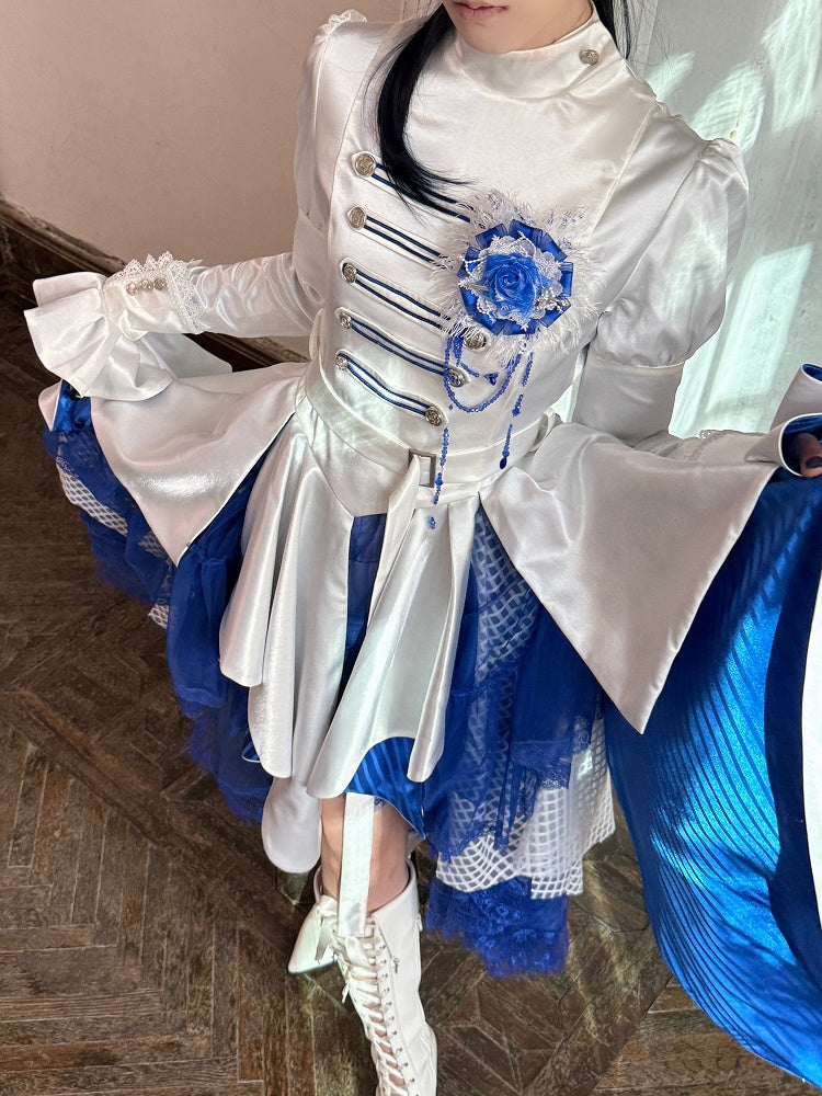 White and Blue Military Lolita Knight Top and Layered Skirt Set - image 4