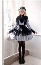 Nocturne SP - Striped Gothic Lolita OP Twin Lolita Dress with Apron and Accessories - image 20