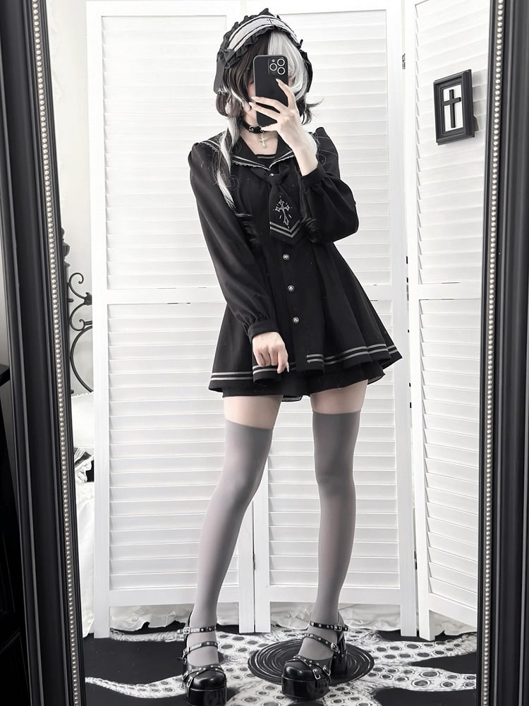 Black Sailor-Collar Jirai Kei Dress, Shorts and Tie Set - image 5