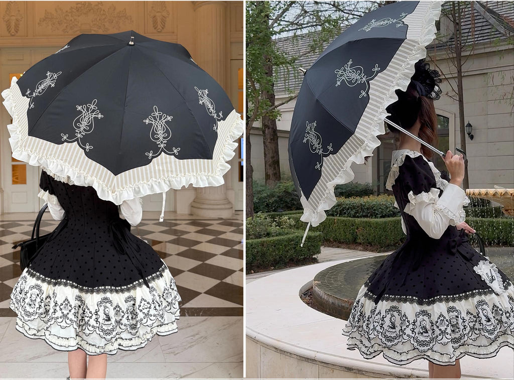 Lyre Academy - Classic Lolita 2-Fold Parasol, Lyre Print and Embroidered Trim - image 11