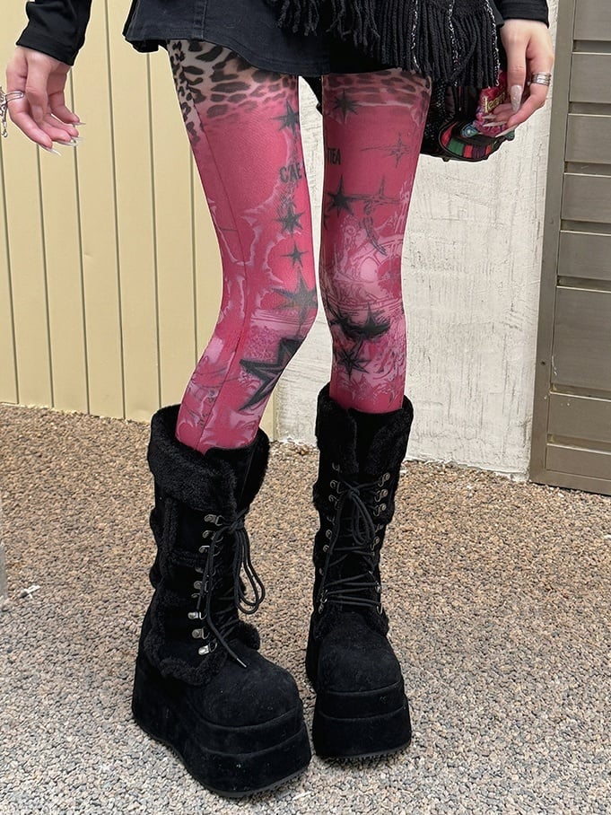 Red Star Leopard Print Lace Trim Tights - Kawaii Cute Legwear - image 2